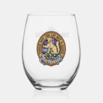Clan MacPherson Crest over Blue Dress Tartan Stemless Wine Glass