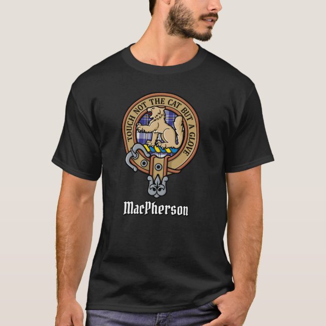 Clan MacPherson Crest over Blue Dress Tartan T-Shirt (Front)