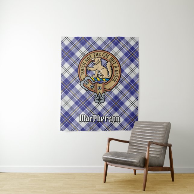 Clan MacPherson Crest over Blue Dress Tartan Tapestry (In Situ)