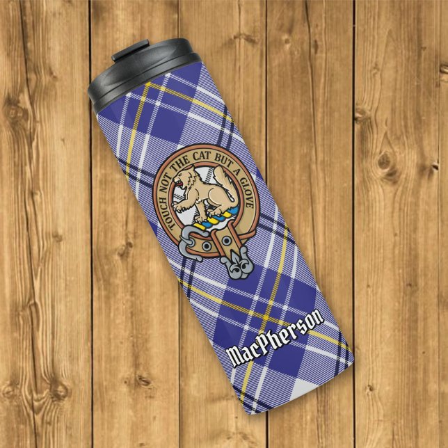 Clan MacPherson Crest over Blue Dress Tartan Thermal Tumbler (Creator Uploaded)