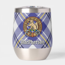 Clan MacPherson Crest over Blue Dress Tartan Thermal Wine Tumbler