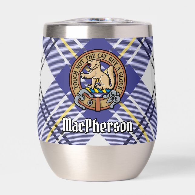 Clan MacPherson Crest over Blue Dress Tartan Thermal Wine Tumbler (Front)