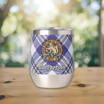 Clan MacPherson Crest over Blue Dress Tartan Thermal Wine Tumbler
