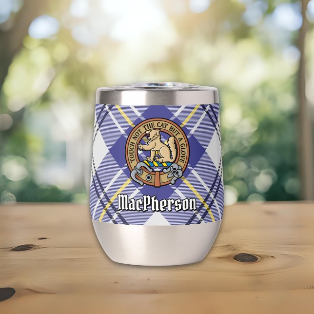 Clan MacPherson Crest over Blue Dress Tartan Thermal Wine Tumbler (Creator Uploaded)