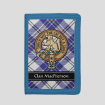 Clan MacPherson Crest over Blue Dress Tartan Trifold Wallet