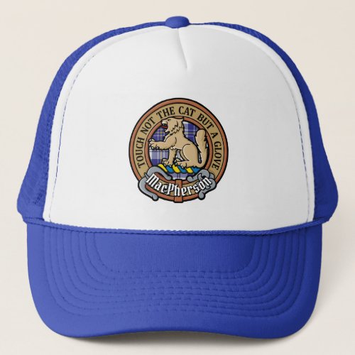 Clan MacPherson Crest over Blue Dress Tartan Trucker Hat