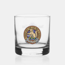 Clan MacPherson Crest over Blue Dress Tartan Whiskey Glass