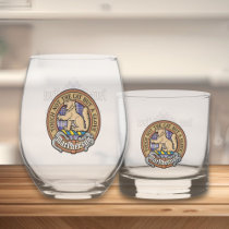 Clan MacPherson Crest over Blue Dress Tartan Whiskey Glass
