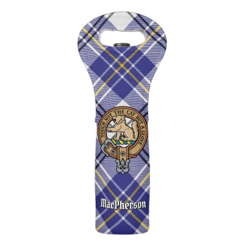 Clan MacPherson Crest over Blue Dress Tartan Wine Bag