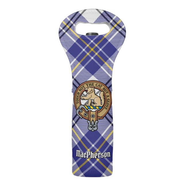 Clan MacPherson Crest over Blue Dress Tartan Wine Bag (Front)