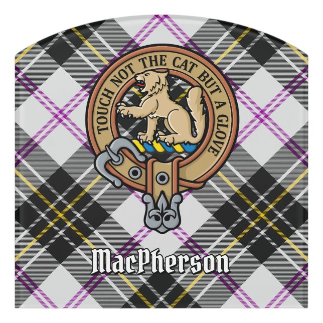 Clan MacPherson Crest over Dress Tartan Door Sign (Contour Front)