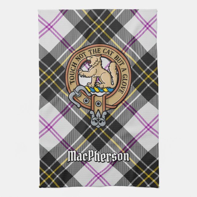 Clan MacPherson Crest over Dress Tartan Kitchen Towel (Vertical)
