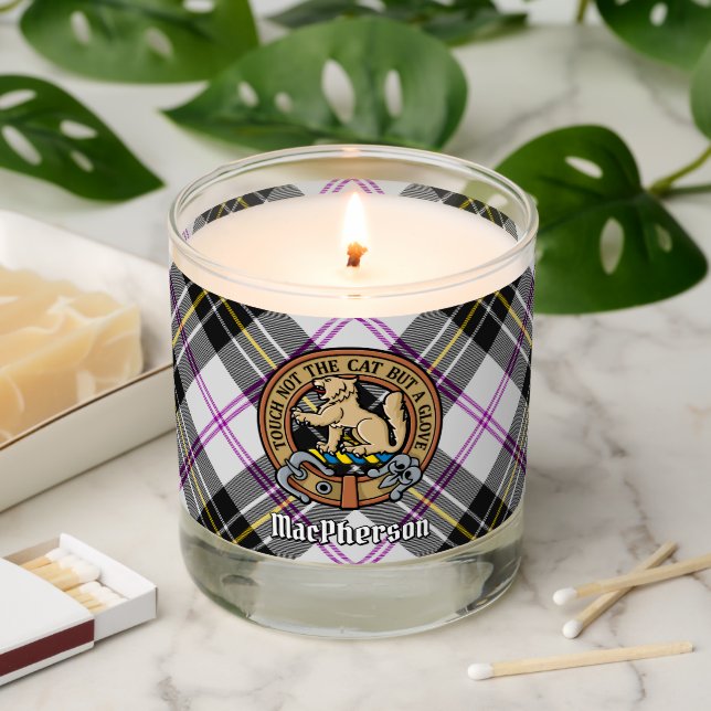 Clan MacPherson Crest over Dress Tartan Scented Candle (Lit)