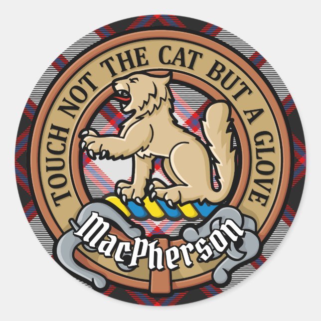 Clan MacPherson Crest over Hunting Tartan Classic Round Sticker (Front)