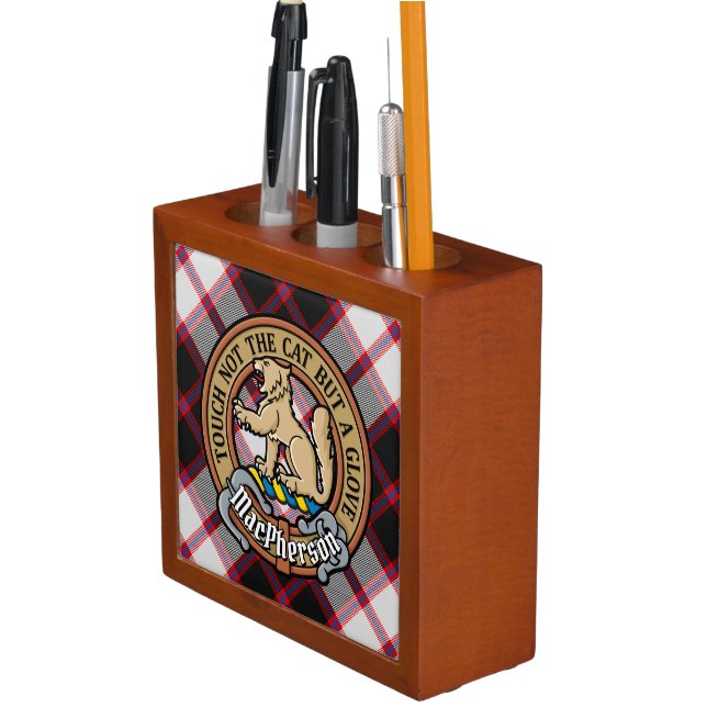 Clan MacPherson Crest over Hunting Tartan Desk Organizer (In Situ)