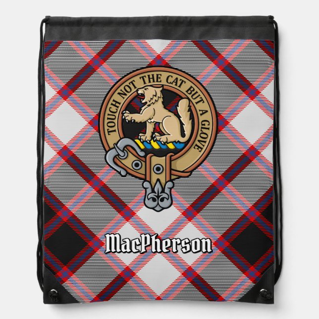 Clan MacPherson Crest over Hunting Tartan Drawstring Bag (Front)