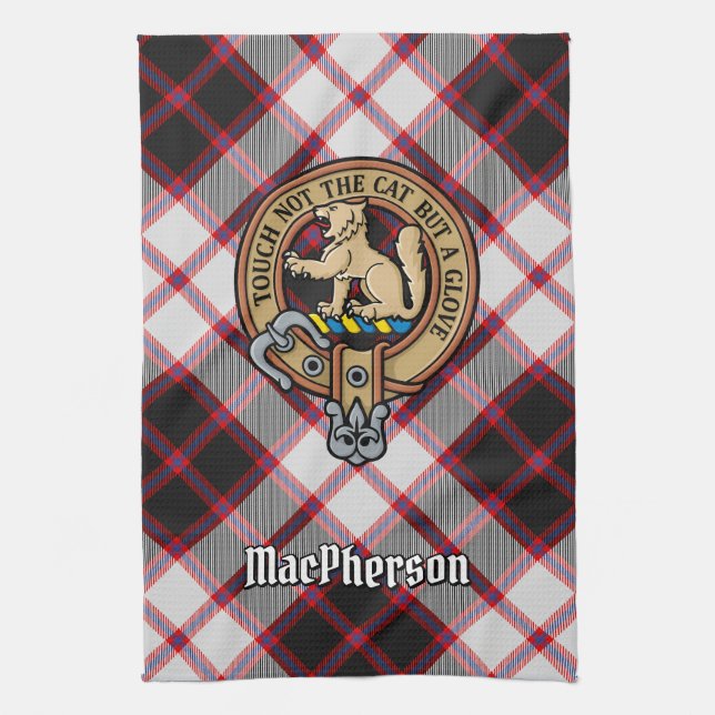Clan MacPherson Crest over Hunting Tartan Kitchen Towel (Vertical)