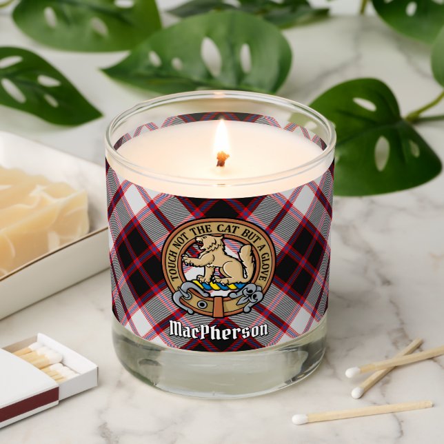 Clan MacPherson Crest over Hunting Tartan Scented Candle (Lit)