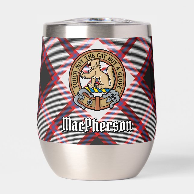 Clan MacPherson Crest over Hunting Tartan Thermal Wine Tumbler (Front)