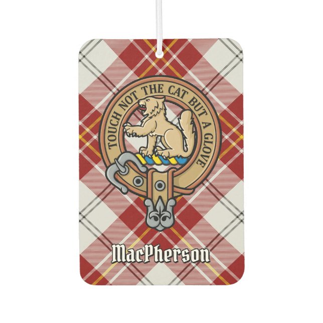 Clan MacPherson Crest over Red Dress Tartan Air Freshener (Front)