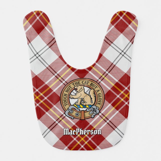 Clan MacPherson Crest over Red Dress Tartan Baby Bib (Front)