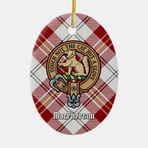 Clan MacPherson Crest over Red Dress Tartan Ceramic Ornament