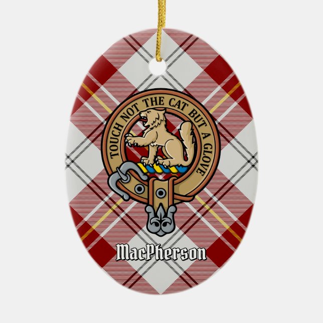 Clan MacPherson Crest over Red Dress Tartan Ceramic Ornament (Front)