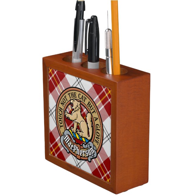 Clan MacPherson Crest over Red Dress Tartan Desk Organizer (In Situ)