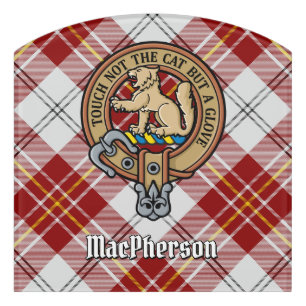 Clan MacPherson Crest over Red Dress Tartan Door Sign
