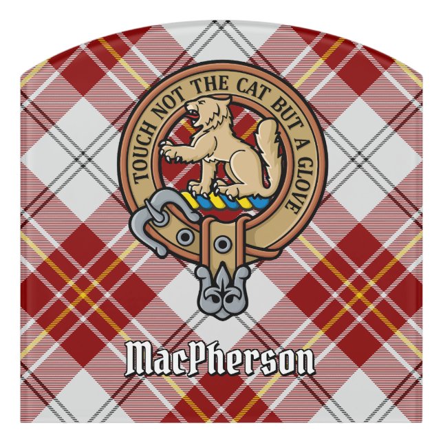 Clan MacPherson Crest over Red Dress Tartan Door Sign (Contour Front)