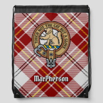 Clan MacPherson Crest over Red Dress Tartan Drawstring Bag