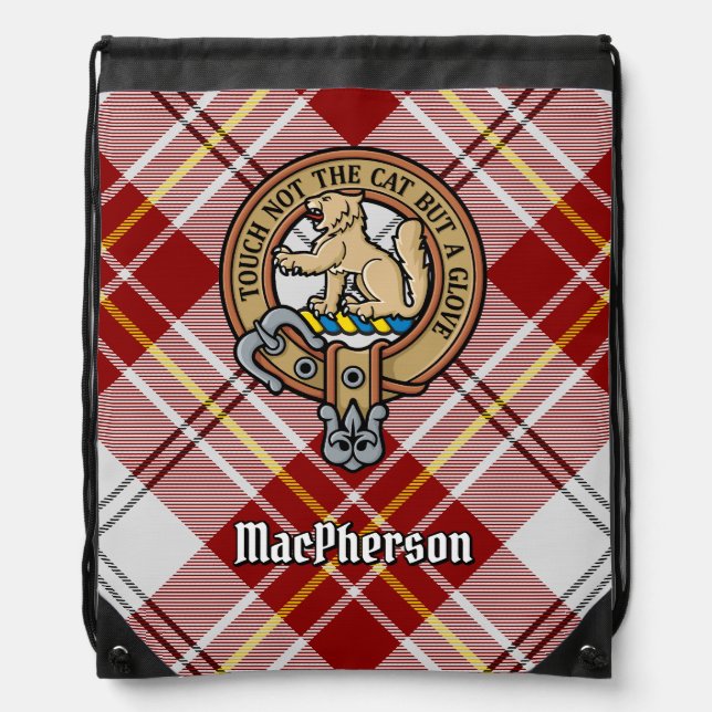 Clan MacPherson Crest over Red Dress Tartan Drawstring Bag (Front)