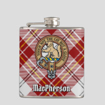 Clan MacPherson Crest over Red Dress Tartan Flask