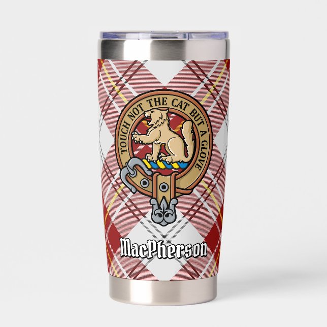 Clan MacPherson Crest over Red Dress Tartan Insulated Tumbler (Front)