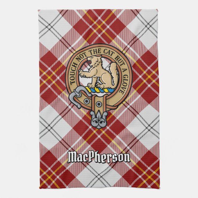 Clan MacPherson Crest over Red Dress Tartan Kitchen Towel (Vertical)
