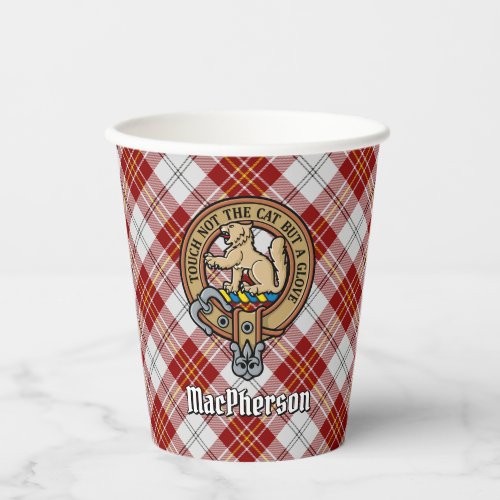 Clan MacPherson Crest over Red Dress Tartan Paper Cups