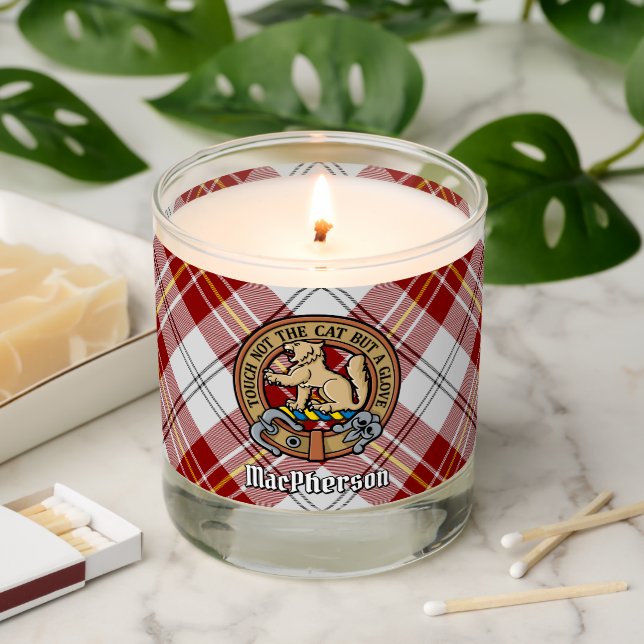 Clan MacPherson Crest over Red Dress Tartan Scented Candle (Lit)