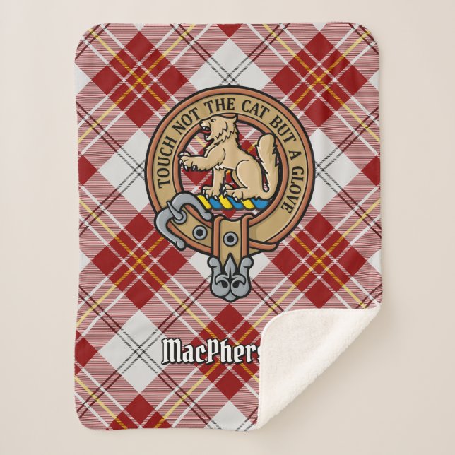 Clan MacPherson Crest over Red Dress Tartan Sherpa Blanket (Front)