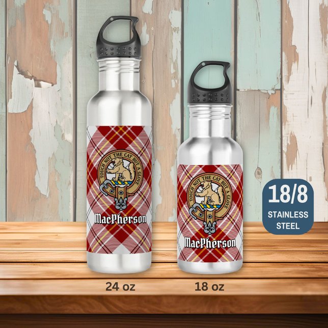 Clan MacPherson Crest over Red Dress Tartan Stainless Steel Water Bottle (Creator Uploaded)