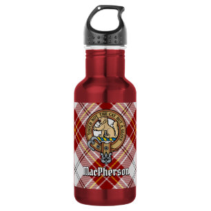 Clan MacPherson Crest over Red Dress Tartan Stainless Steel Water Bottle
