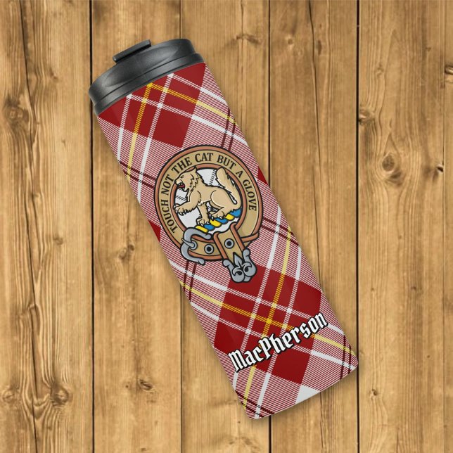 Clan MacPherson Crest over Red Dress Tartan Thermal Tumbler (Creator Uploaded)