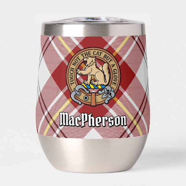 Clan MacPherson Crest over Red Dress Tartan Thermal Wine Tumbler (Front)