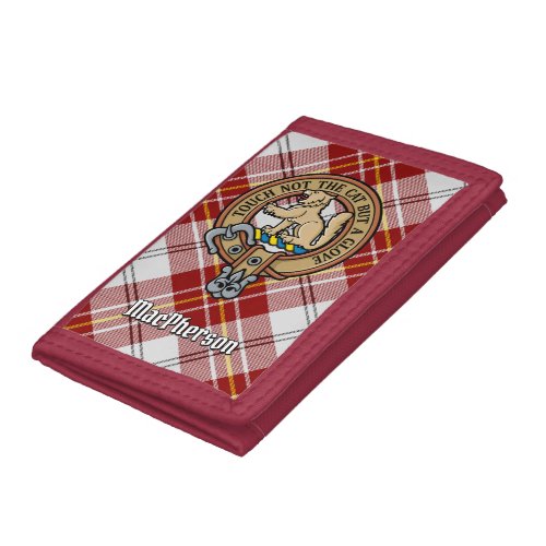 Clan MacPherson Crest over Red Dress Tartan Trifold Wallet