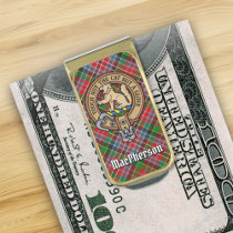 Clan MacPherson Crest over Red Tartan Gold Finish Money Clip