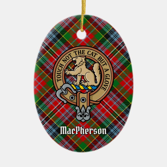 Clan MacPherson Crest over Tartan Ceramic Ornament (Front)