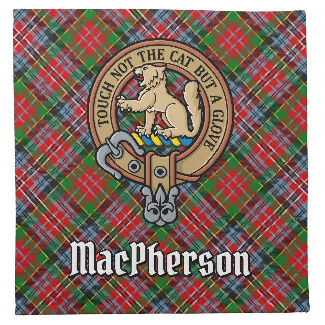 Clan MacPherson Crest over Tartan Cloth Napkin (Front)