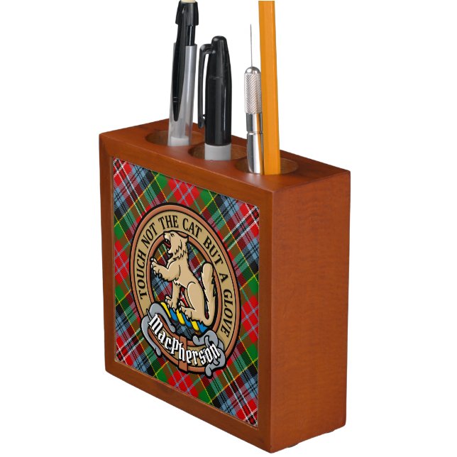 Clan MacPherson Crest over Tartan Desk Organizer (In Situ)