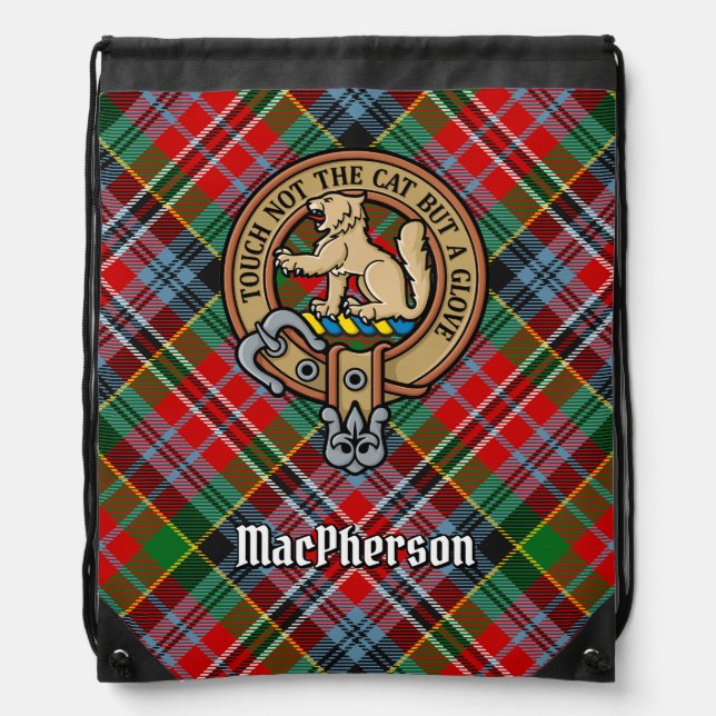 Clan MacPherson Crest over Tartan Drawstring Bag (Front)