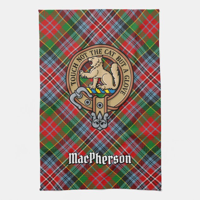 Clan MacPherson Crest over Tartan Kitchen Towel (Vertical)