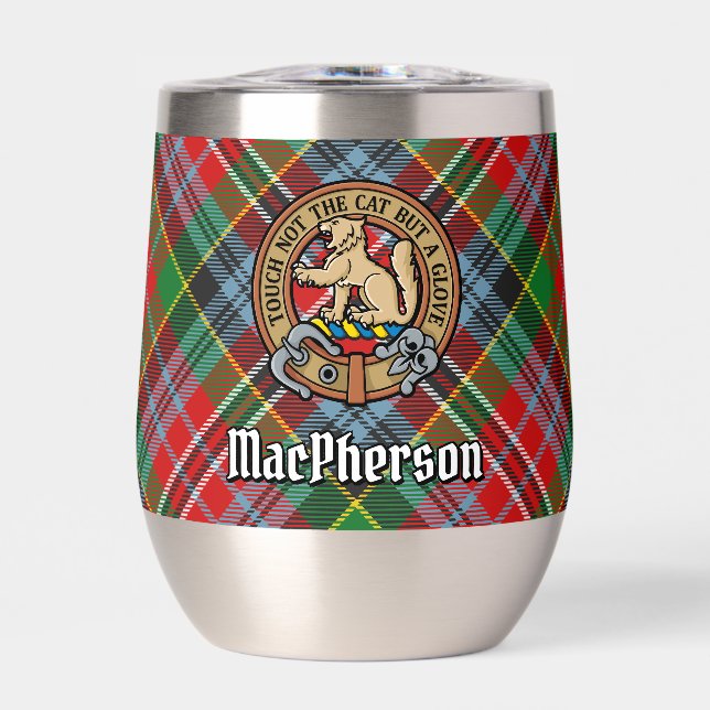Clan MacPherson Crest over Tartan Thermal Wine Tumbler (Front)